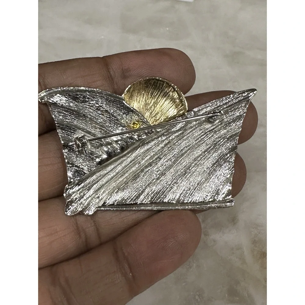Art Deco Style Lady Brooch Pin Two Tone Mixed Metal Enamel Brooch Unsigned